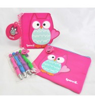 Stationery set spencil pack 2 owl n/book p/case pens