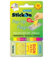 Stick on flags b/tone pop-up sign here 45x25 lemon 50 sht pad