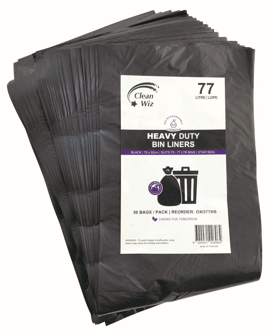 84651 Bin Liner Clean Wiz 77l ECO Oxo-Biodegradable Heavy Duty Star Seal Blk Pk50 - Image 1