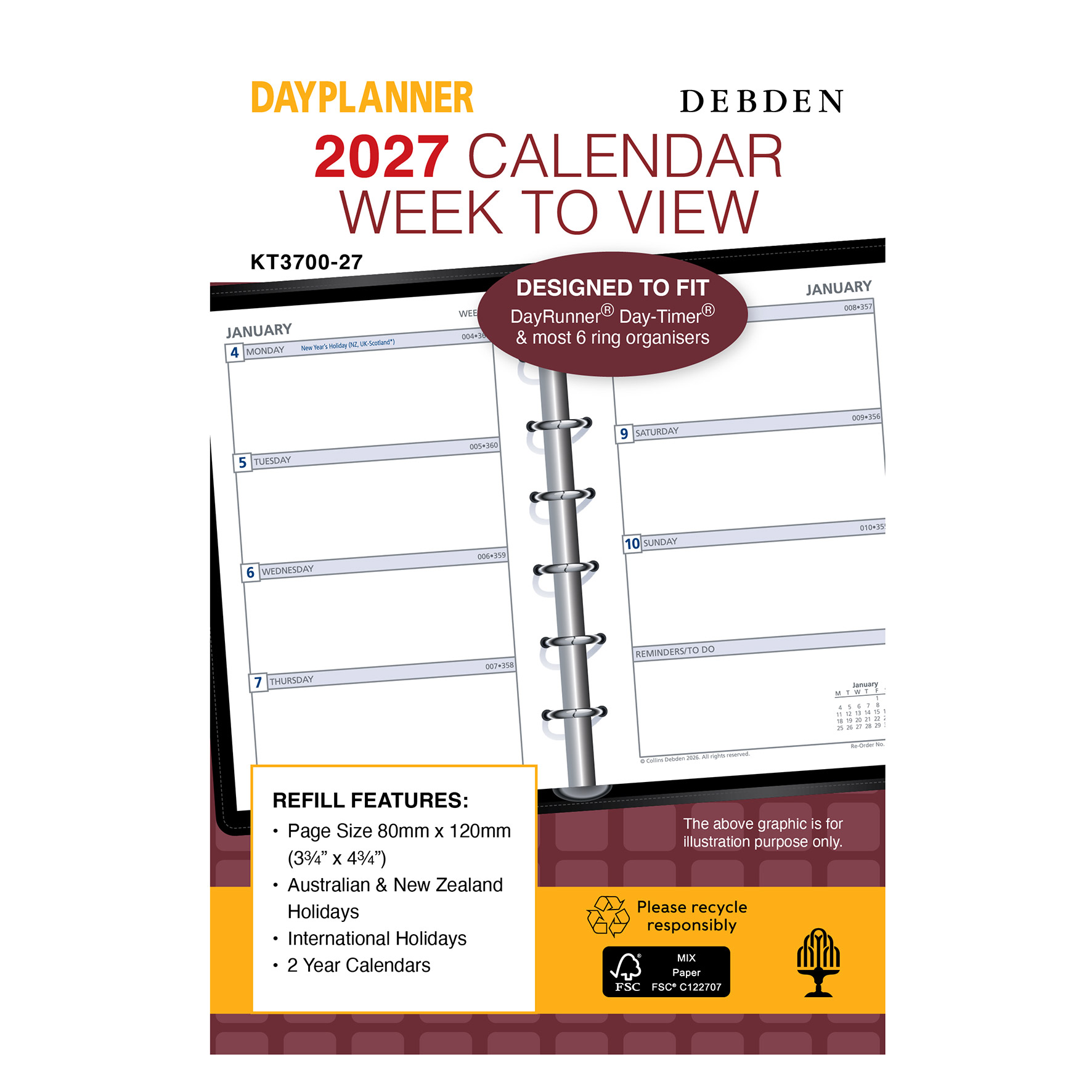 86580.27 Refill 2027 Debden Dayplanner 80x120mm Kt3700 Pocket 6 Ring Wtv - Image 1