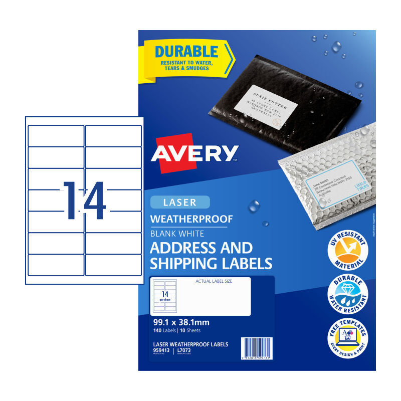 AV959413 Address Label Avery 99.1 x 38.1mm Weatherproof L7073 14up White 10 Shee - Image 1