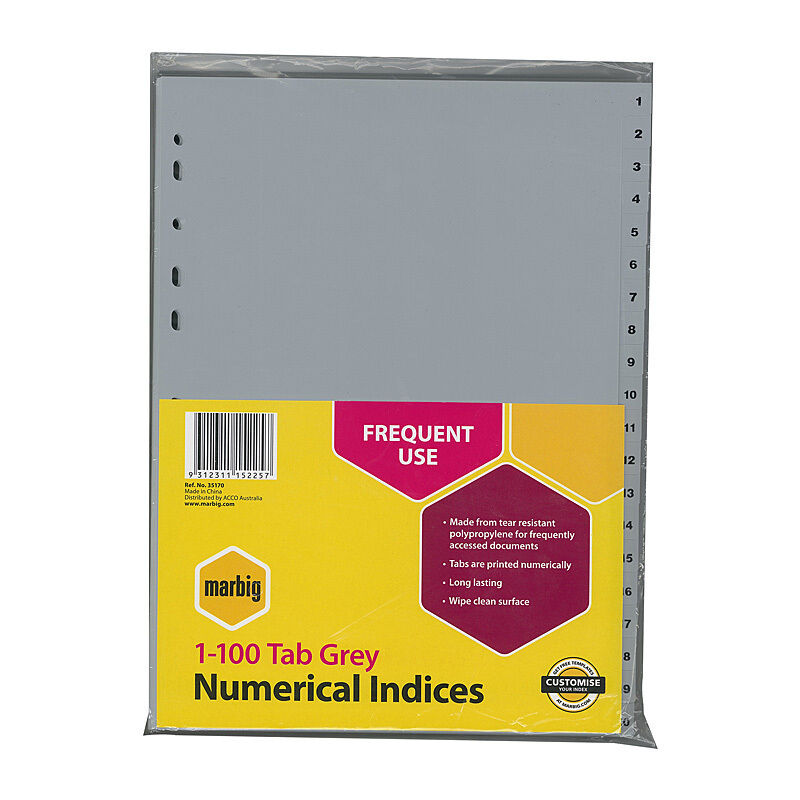 MAR35170 Sp- Dividers Marbig A4 PP 1-100 Grey - Image 1