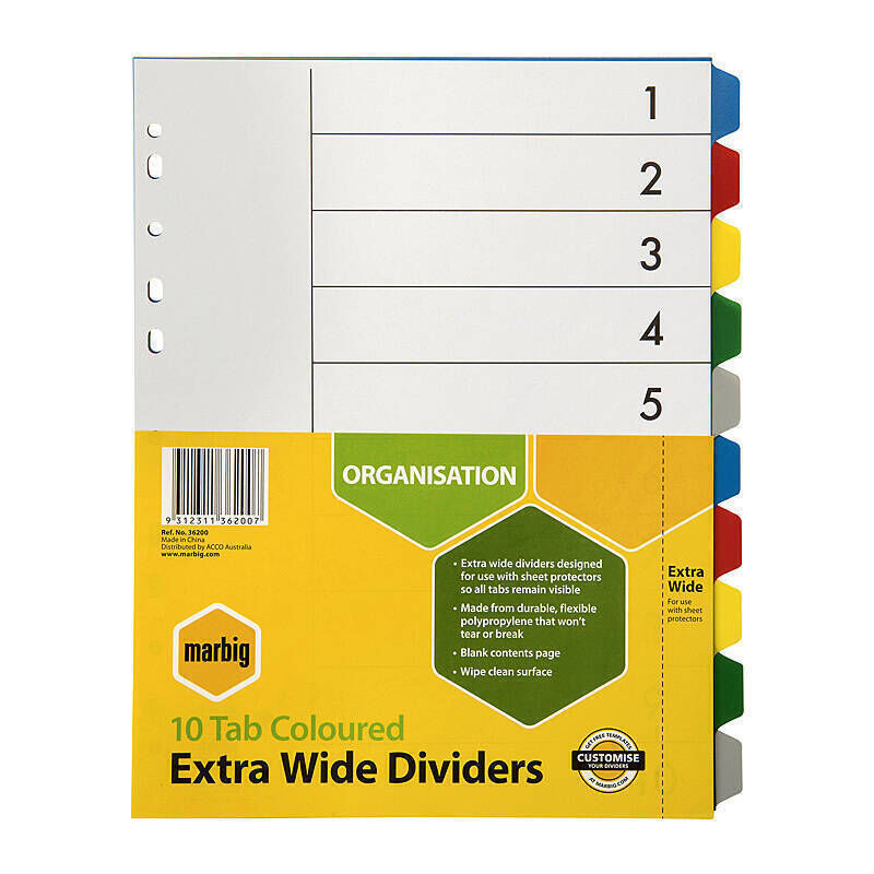 MAR36200 Dividers Marbig A4 PVC Extra Wide 10 Tab - Image 1