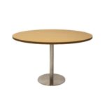 Estilo Round Table 1200mm Natural Oak Top / Stainless Steel 1200Mm Diameter X 755Mm H Overall 540Mm Diameter Disc Base Plate Base E0 Rated Melamine Board Top Frame
